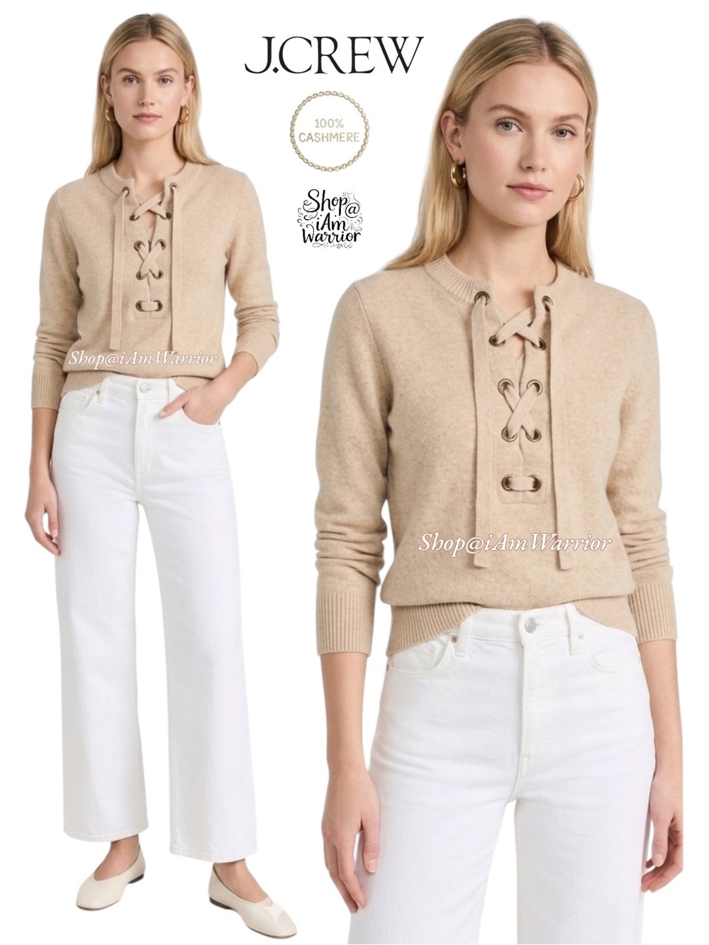 J.Crew light sand lace-up cashmere pullover sweater *shop@iamwarrior